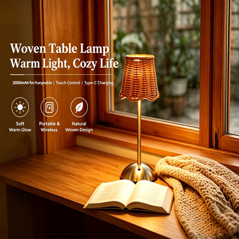 Home Lighting And Decor - مصباح طاولة فني من الروطان المنسوج